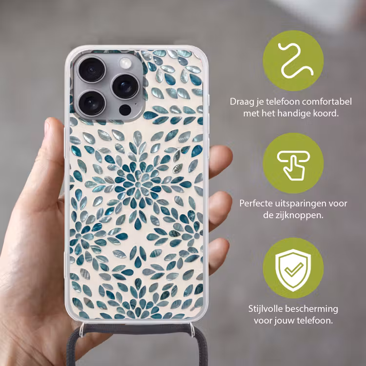 Patroon - Bladeren - Abstract - Modern - Turquoise Hoesje iPhone 16 Pro Max met koord klein -sfeer2_NL