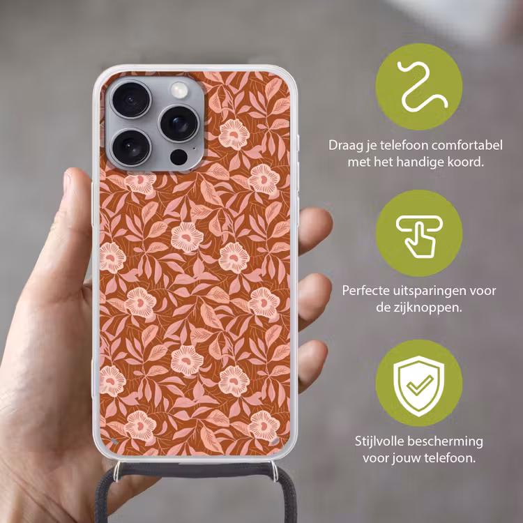 Patroon - Bladeren - Terracotta Hoesje iPhone 16 Pro Max met koord klein 804 -sfeer2_NL
