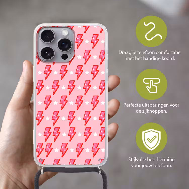 Patroon - Bliksem - Ster - Glitter - Roze Hoesje iPhone 16 Pro Max met koord klein -sfeer2_NL