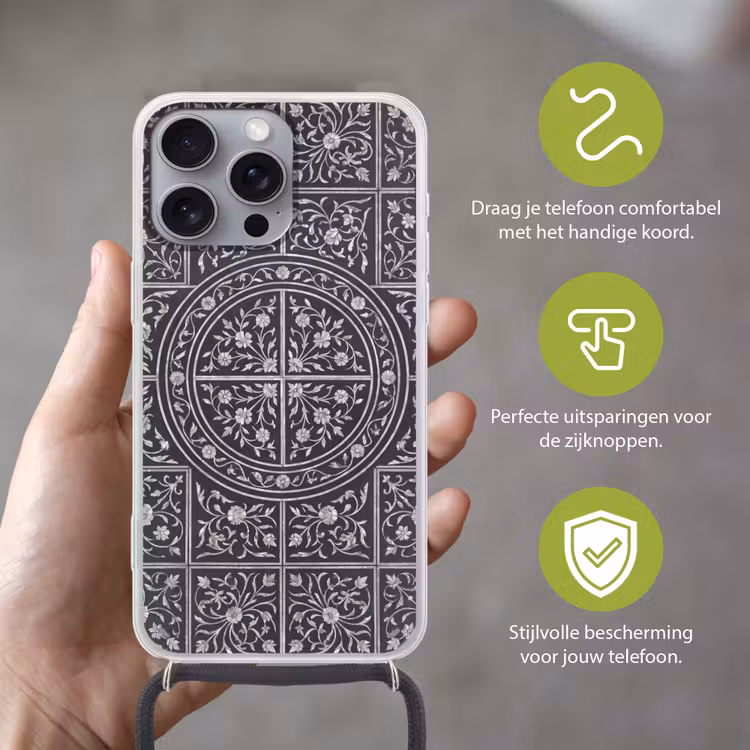 Patroon - Bloemmotief - Decoratie - Klassiek - Zwart Hoesje iPhone 16 Pro Max met koord klein -sfeer2_NL