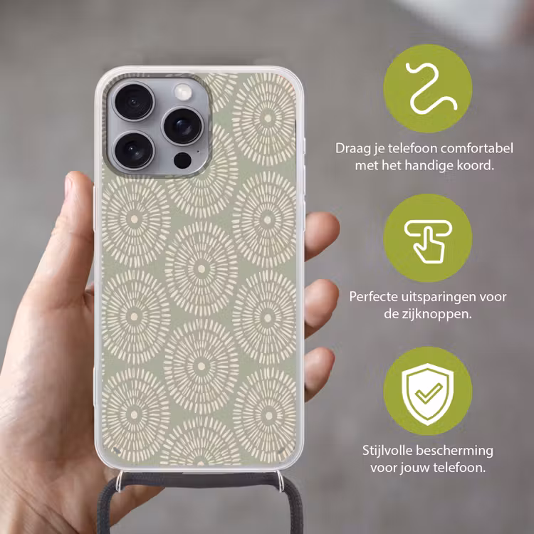 Patroon - Cirkels - Abstract - Modern - Groen Hoesje iPhone 16 Pro Max met koord klein -sfeer2_NL