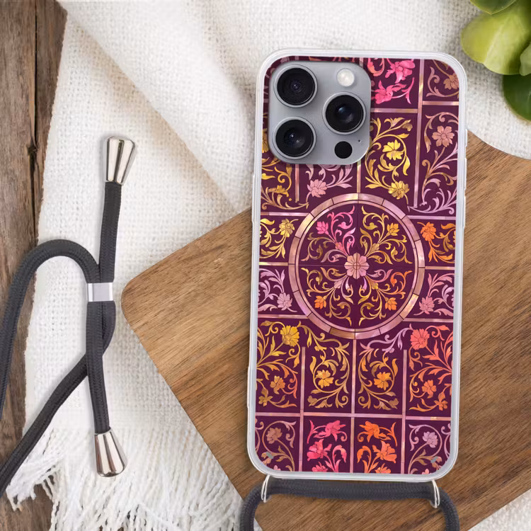 Patroon - Floraal - Oosters - Paars - Goud Hoesje iPhone 16 Pro Max met koord klein -sfeer4