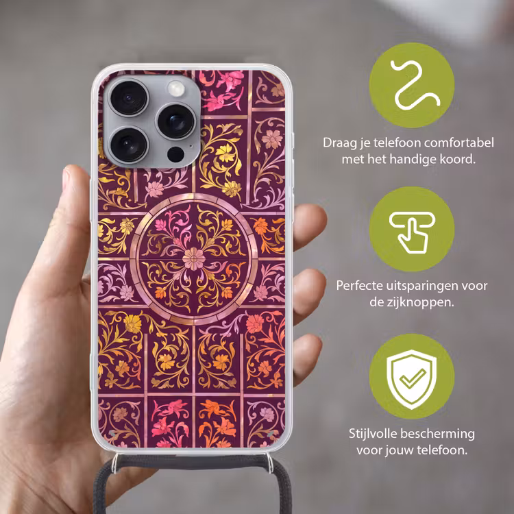Patroon - Floraal - Oosters - Paars - Goud Hoesje iPhone 16 Pro Max met koord klein -sfeer2_NL