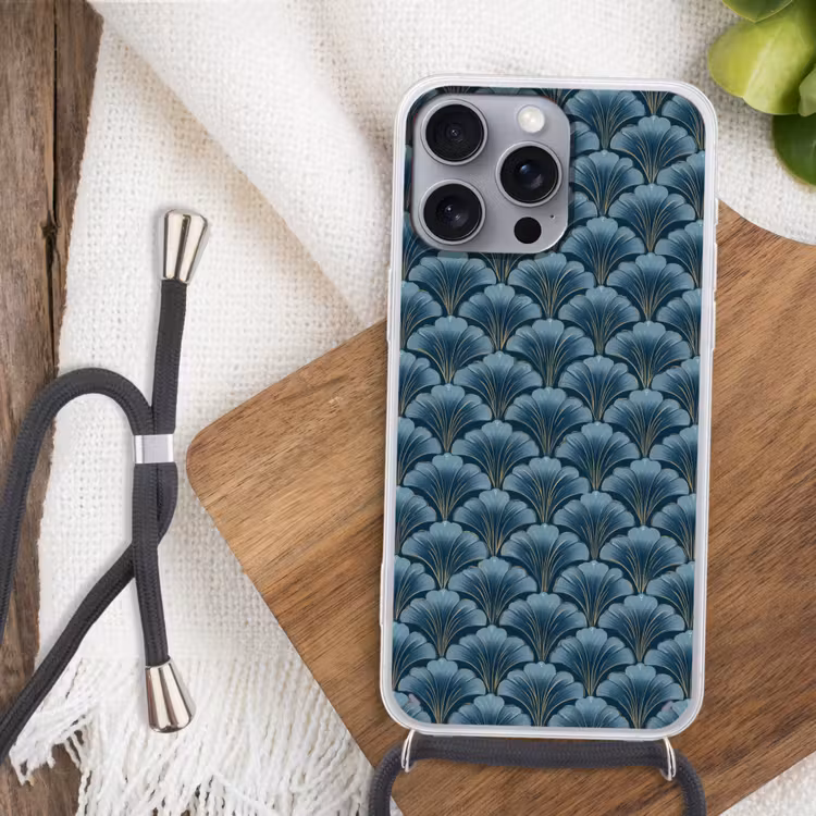 Patroon - Ginkgoblad - Blauw Hoesje iPhone 16 Pro Max met koord klein 804 -sfeer4