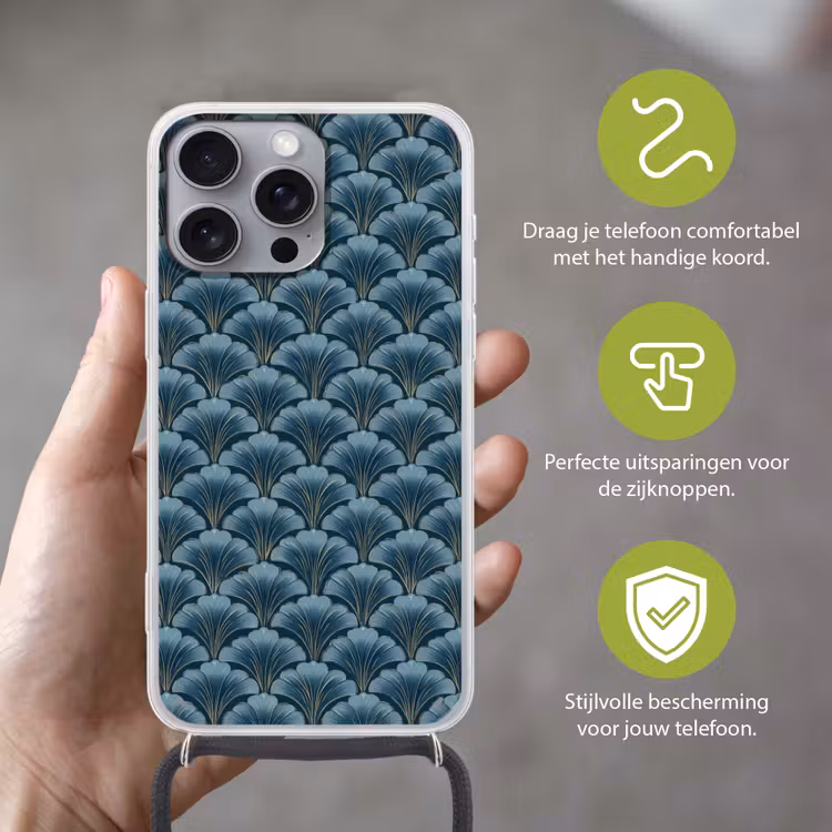 Patroon - Ginkgoblad - Blauw Hoesje iPhone 16 Pro Max met koord klein 804 -sfeer2_NL