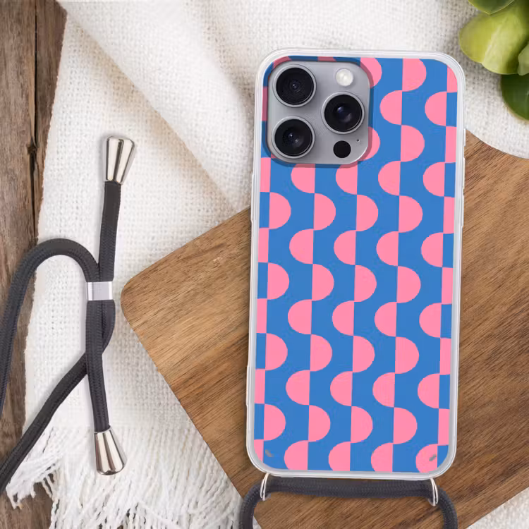 Patroon - Halve cirkels - Abstract - Modern - Roze - Blauw Hoesje iPhone 16 Pro Max met koord klein -sfeer4