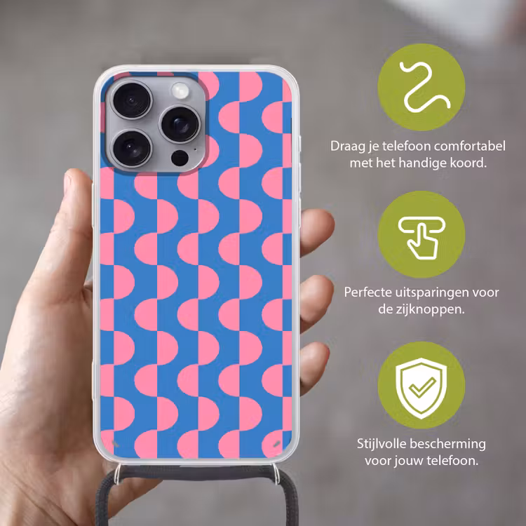 Patroon - Halve cirkels - Abstract - Modern - Roze - Blauw Hoesje iPhone 16 Pro Max met koord klein -sfeer2_NL