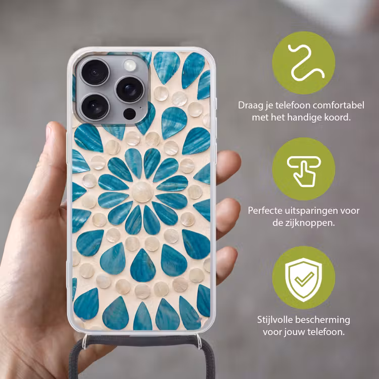Patroon - Mozaïek - Schelpen - Abstract - Turquoise Hoesje iPhone 16 Pro Max met koord klein -sfeer2_NL