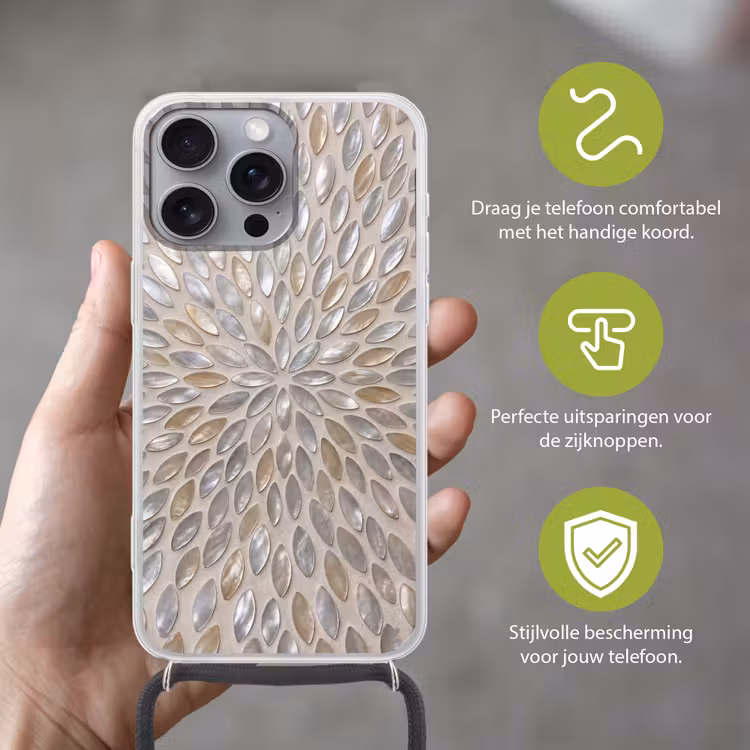 Patroon - Ovaal - Glanzend - Abstract - Beige Hoesje iPhone 16 Pro Max met koord klein -sfeer2_NL