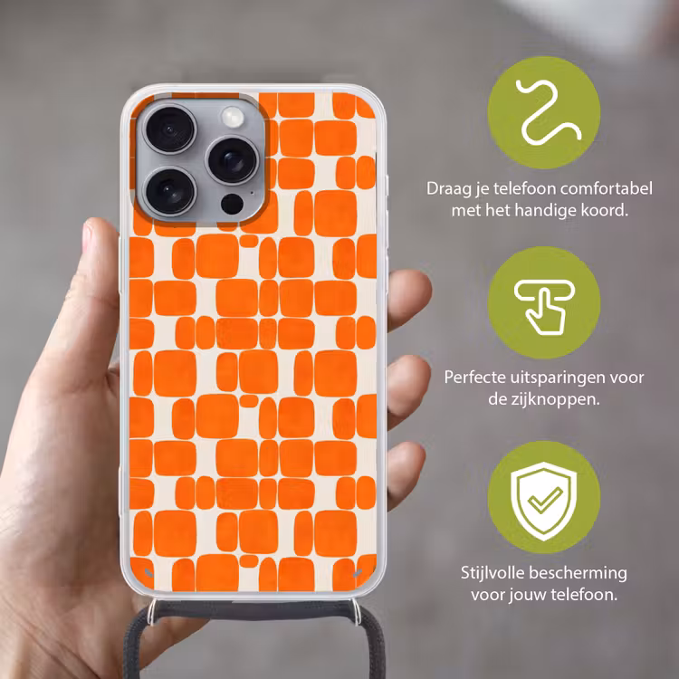 Patroon - Retro - Oranje Hoesje iPhone 16 Pro Max met koord klein 804 -sfeer2_NL
