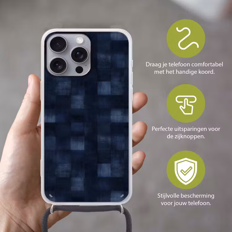 Patroon - Ruit - Marineblauw Hoesje iPhone 16 Pro Max met koord klein 804 -sfeer2_NL