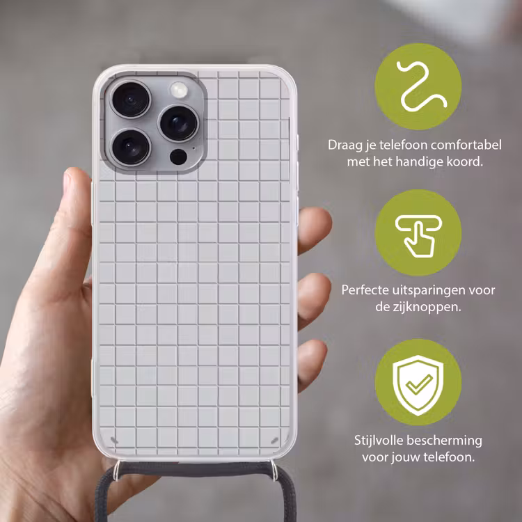 Patroon - Tegels - Licht - Grijs Hoesje iPhone 16 Pro Max met koord klein 804 -sfeer2_NL