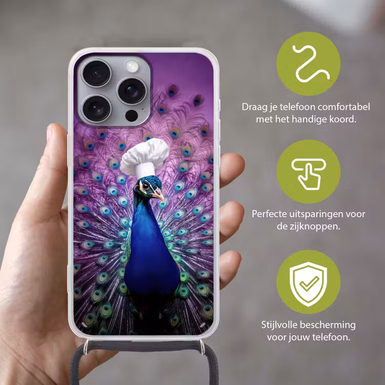 Pauw - Koksmuts - Cool - Paars Hoesje iPhone 16 Pro Max met koord klein -sfeer2_NL