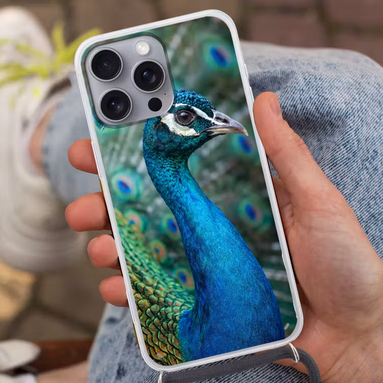 Pauw - Veren - Blauw Hoesje iPhone 16 Pro Max met koord klein -sfeer3