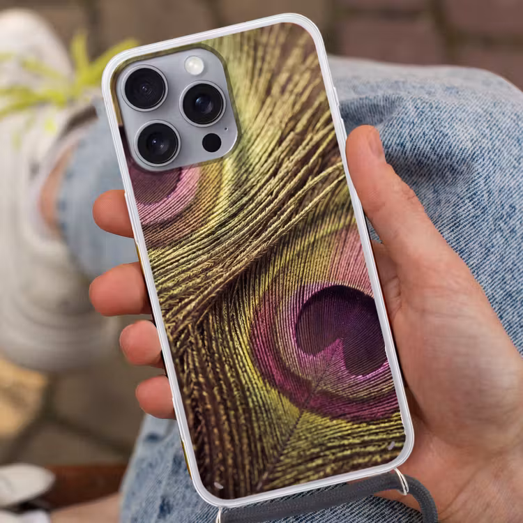 Pauw - Veren - Paars - Groen Hoesje iPhone 16 Pro Max met koord klein -sfeer3