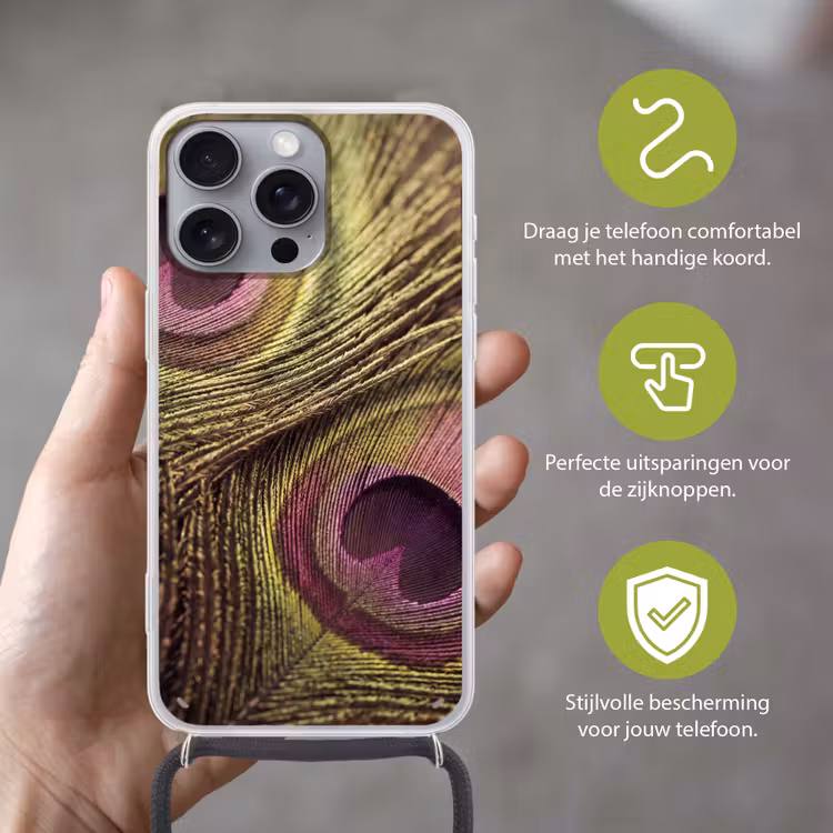 Pauw - Veren - Paars - Groen Hoesje iPhone 16 Pro Max met koord klein -sfeer2_NL