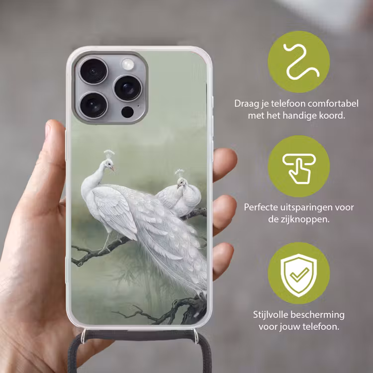 Pauwen - Wit - Natuur - Groen Hoesje iPhone 16 Pro Max met koord klein -sfeer2_NL
