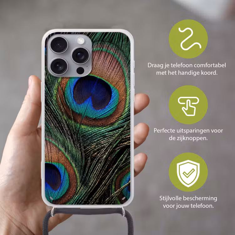 Pauwenveren - Klassiek - Groen Hoesje iPhone 16 Pro Max met koord klein -sfeer2_NL