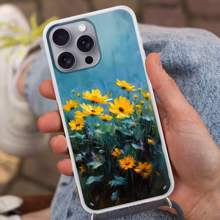 Penseelstreken - Bloemen - Felgeel - Abstract Hoesje iPhone 16 Pro Max met koord klein -sfeer3