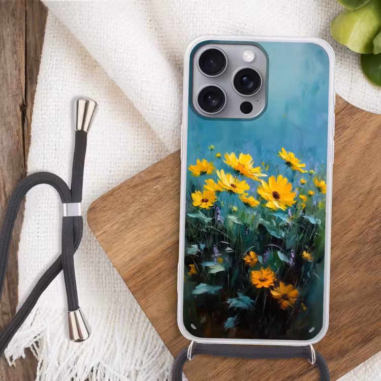 Penseelstreken - Bloemen - Felgeel - Abstract Hoesje iPhone 16 Pro Max met koord klein -sfeer4