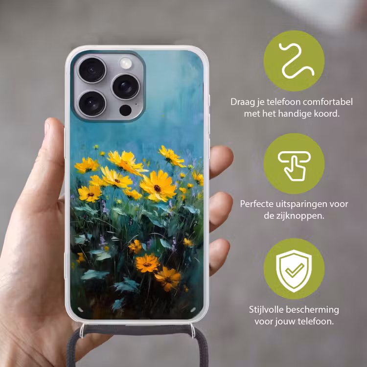 Penseelstreken - Bloemen - Felgeel - Abstract Hoesje iPhone 16 Pro Max met koord klein -sfeer2_NL