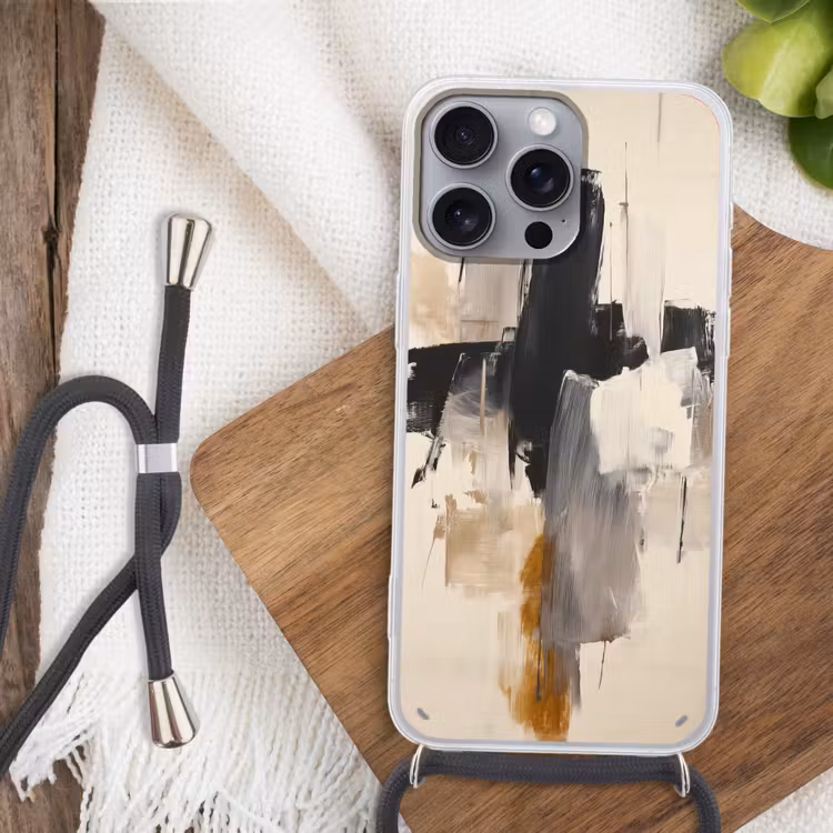 Penseelstreken - Ruw - Abstract - Beige Hoesje iPhone 16 Pro Max met koord klein -sfeer4