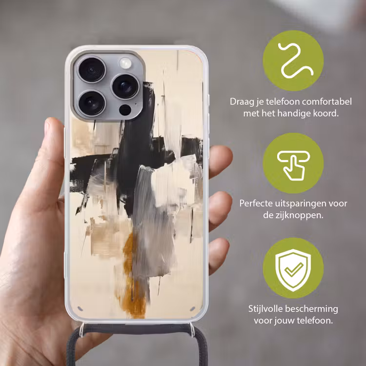 Penseelstreken - Ruw - Abstract - Beige Hoesje iPhone 16 Pro Max met koord klein -sfeer2_NL