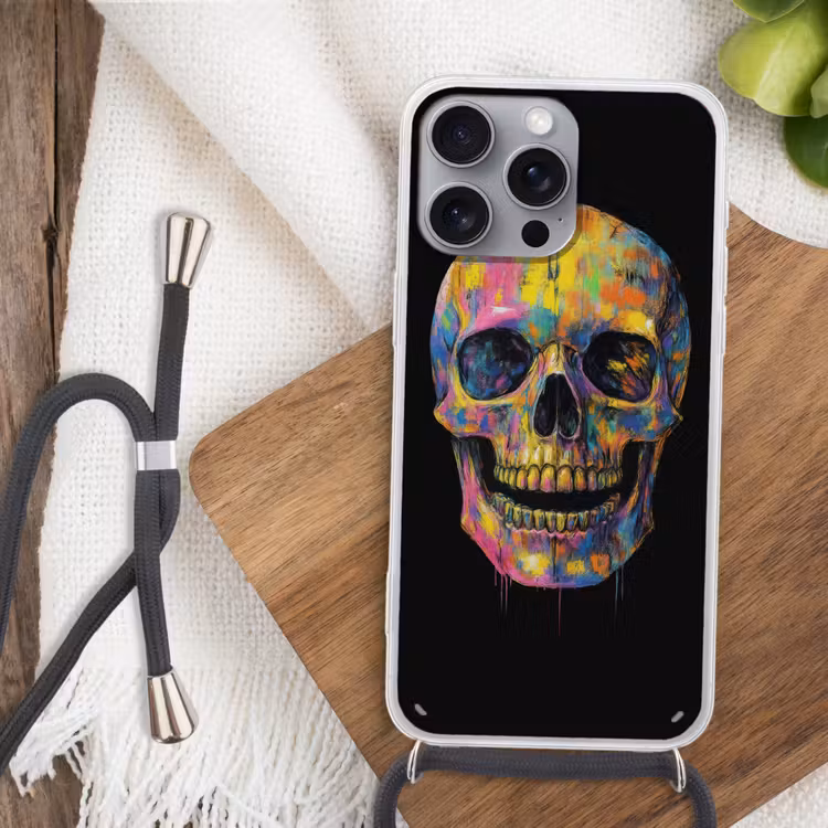 Penseelstreken - Schedel - Kleurrijk - Abstract Hoesje iPhone 16 Pro Max met koord klein -sfeer4