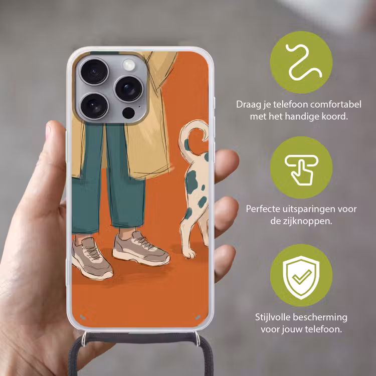 Persoon - Hond - Dieren - Illustratie - Modern Hoesje iPhone 16 Pro Max met koord klein -sfeer2_NL