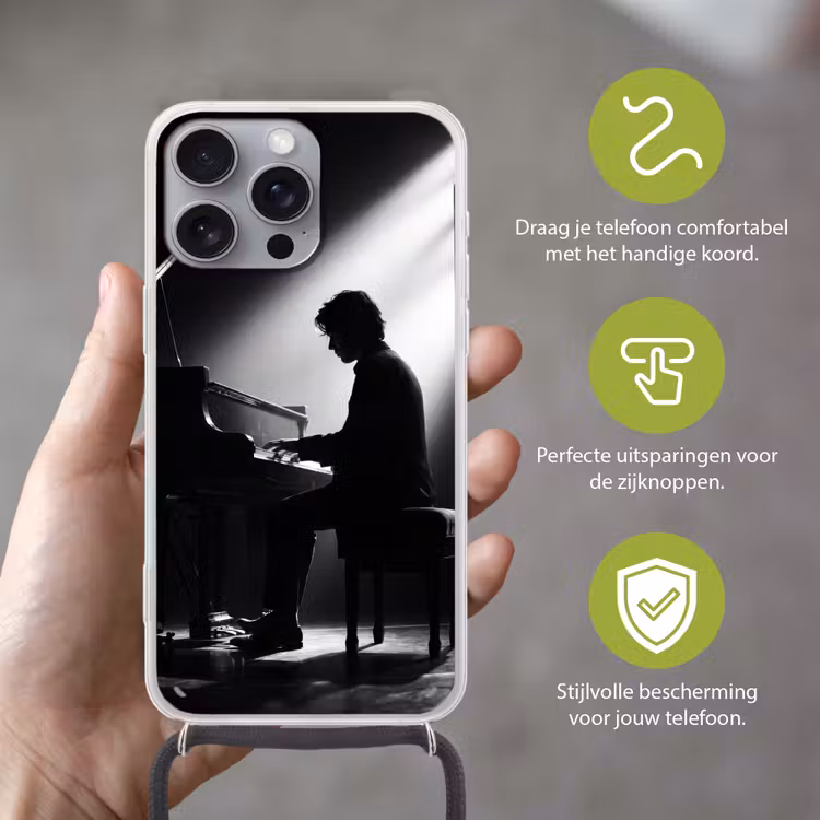 Persoon - Piano - Muziek - Zwart-wit - Podium Hoesje iPhone 16 Pro Max met koord klein -sfeer2_NL