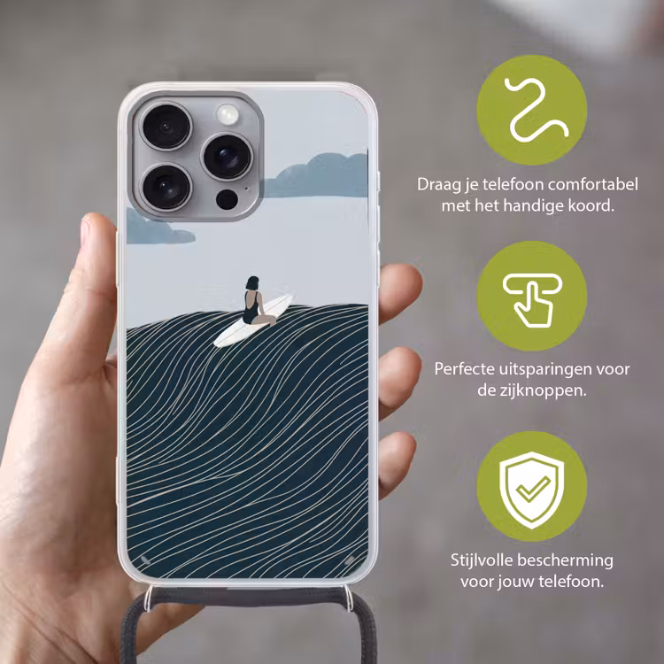 Persoon - Surfen - Oceaan - Natuur - Modern Hoesje iPhone 16 Pro Max met koord klein -sfeer2_NL