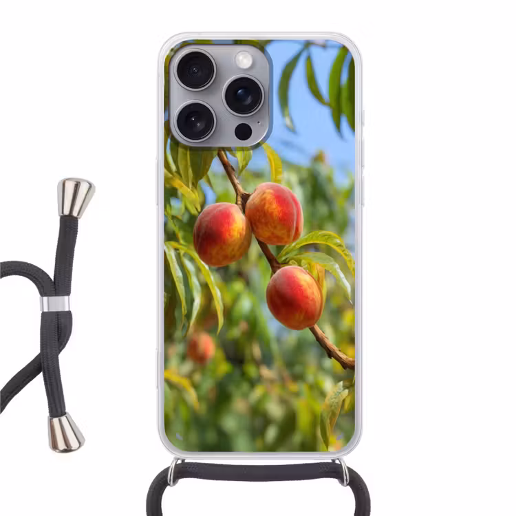 Perzik - Bladeren - Zonlicht Hoesje iPhone 16 Pro Max met koord klein -3d