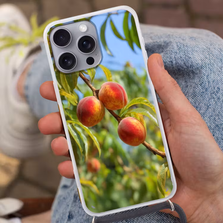 Perzik - Bladeren - Zonlicht Hoesje iPhone 16 Pro Max met koord klein -sfeer3
