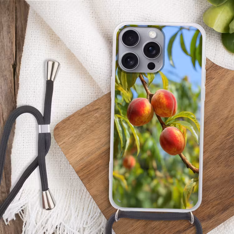 Perzik - Bladeren - Zonlicht Hoesje iPhone 16 Pro Max met koord klein -sfeer4