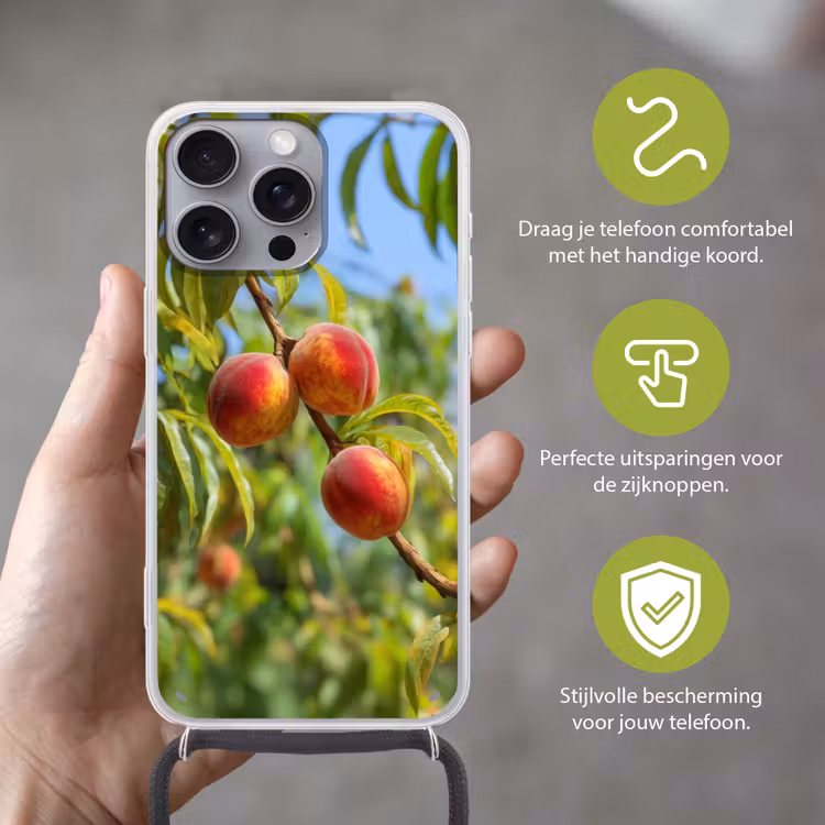 Perzik - Bladeren - Zonlicht Hoesje iPhone 16 Pro Max met koord klein -sfeer2_NL