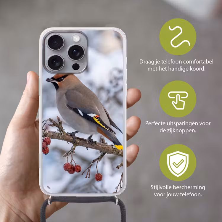 Pestvogel - Bessen - Winter - Natuur Hoesje iPhone 16 Pro Max met koord klein -sfeer2_NL
