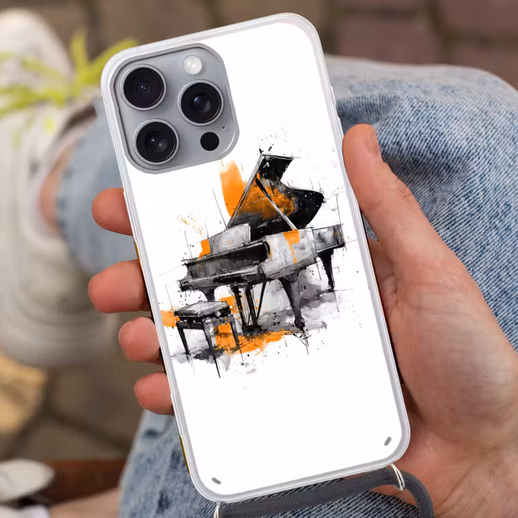 Piano - Oranje - Zwart - schets lijnen Hoesje iPhone 16 Pro Max met koord klein -sfeer3