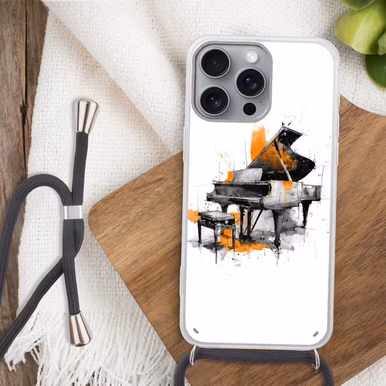 Piano - Oranje - Zwart - schets lijnen Hoesje iPhone 16 Pro Max met koord klein -sfeer4