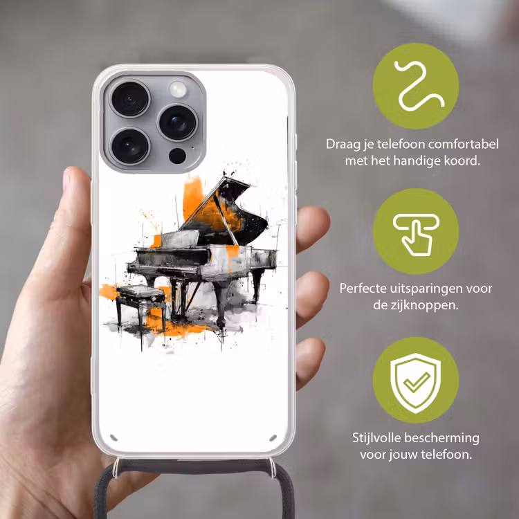 Piano - Oranje - Zwart - schets lijnen Hoesje iPhone 16 Pro Max met koord klein -sfeer2_NL