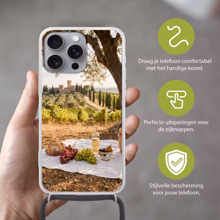 Picknick - Wijngaard - Landschap - Zomer - Eten Hoesje iPhone 16 Pro Max met koord klein -sfeer2_NL