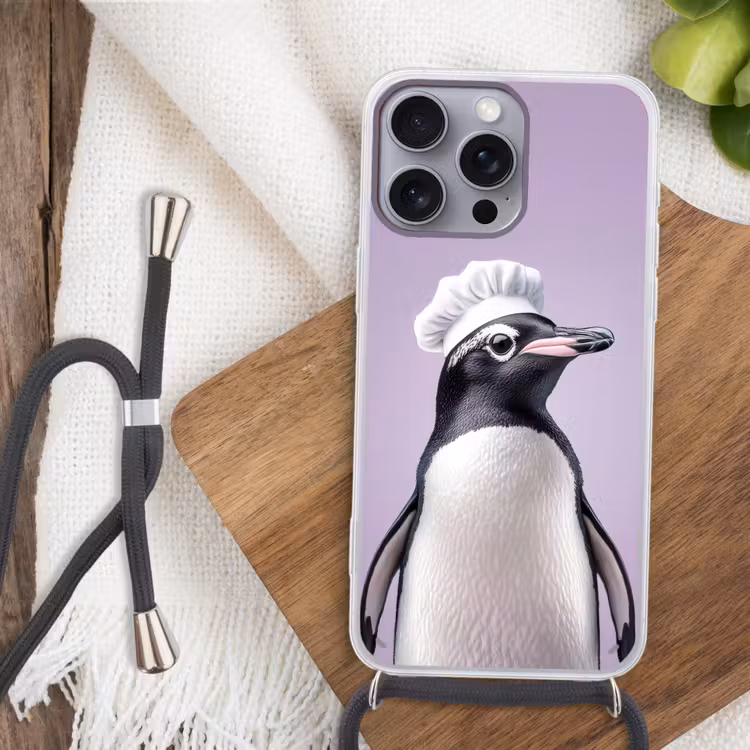 Pinguïn - Koksmuts - Lief - Paars Hoesje iPhone 16 Pro Max met koord klein -sfeer4
