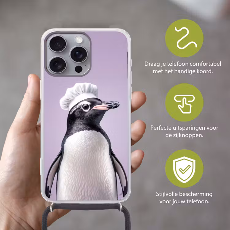 Pinguïn - Koksmuts - Lief - Paars Hoesje iPhone 16 Pro Max met koord klein -sfeer2_NL