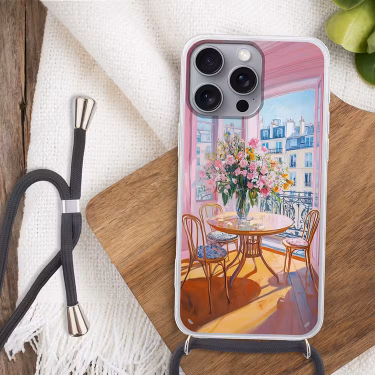 Pink - City - Bloemen Hoesje iPhone 16 Pro Max met koord klein -sfeer4
