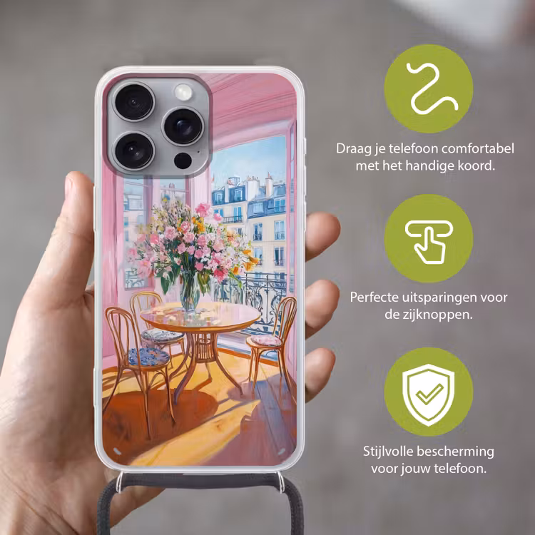 Pink - City - Bloemen Hoesje iPhone 16 Pro Max met koord klein -sfeer2_NL