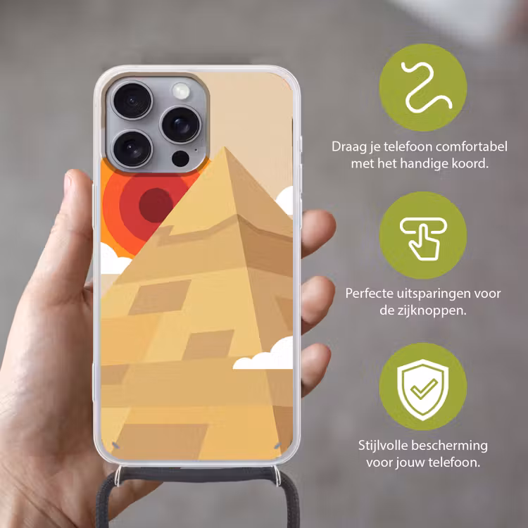 Piramide - Zon - Woestijn - Modern - Oranje Hoesje iPhone 16 Pro Max met koord klein -sfeer2_NL