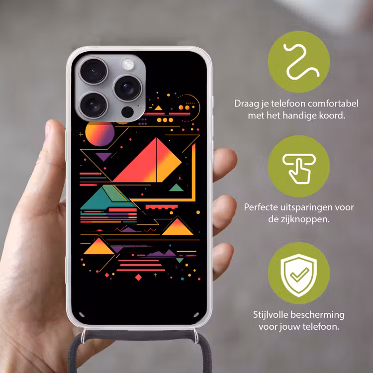 Piramides - Cirkels - Neonkleuren - Geometrisch Hoesje iPhone 16 Pro Max met koord klein -sfeer2_NL