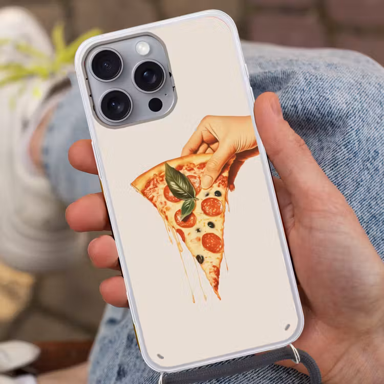 Pizza - Kaas - Pepperoni Hoesje iPhone 16 Pro Max met koord klein -sfeer3