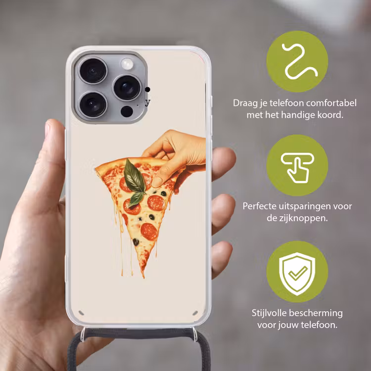 Pizza - Kaas - Pepperoni Hoesje iPhone 16 Pro Max met koord klein -sfeer2_NL