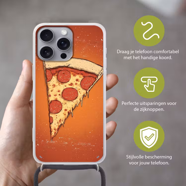 Pizza - Kaas - Rood - Pepperoni Hoesje iPhone 16 Pro Max met koord klein -sfeer2_NL
