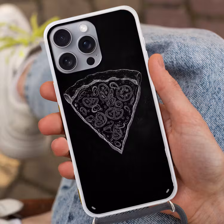 Pizzapunt - Toppings - Krijttekening Hoesje iPhone 16 Pro Max met koord klein -sfeer3